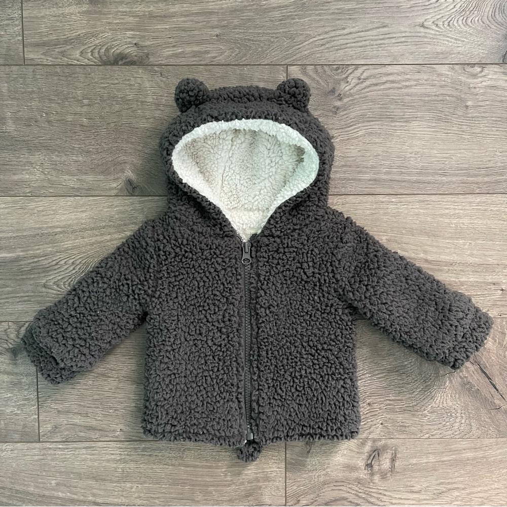 Tullabee Gray and Cream Sherpa Bear Baby Hoodie Jacket